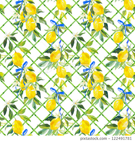 Beautiful vector seamless pattern with hand drawn bamboo lattice and lemons in vacation style. Ready print design. 122491781