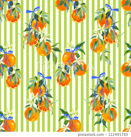 Beautiful vector seamless pattern colorful summer beach vacation in Capri Italy tropical mood summer, ribbon bow, oranges, Vacation seamless pattern on Striped. Design for all prints Beautiful vector seamless pattern colorful summer beach vacation in Capri Italy tropical mood summer, ribbon bow, oranges, Vacation seamless pattern on Striped. Design for all prints 122491783