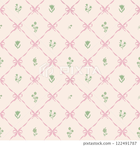 Beautiful vector coquette seamless pattern with damask print bows and classical vintage bouquet. Floral elegance print design for fabric, wallpaper or wrapping paper. Beautiful vector coquette seamless pattern with damask print bows and classical vintage bouquet. Floral elegance print design for fabric, wallpaper or wrapping paper. 122491787