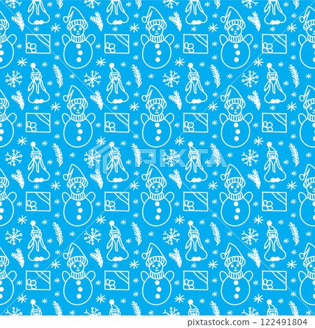 Merry Christmas and Happy New Year seamless pattern in doodle style. illustration on a blue background with white line. Merry Christmas and Happy New Year seamless pattern in doodle style. illustration on a blue background with white line. 122491804