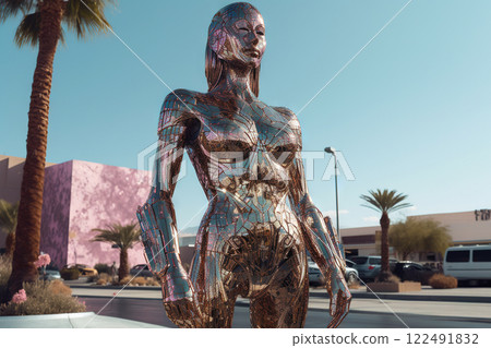 Crome robot woman portrait in the city. Artificial intelligence rise and shiny. Mechanical beauty. Generated AI. 122491832