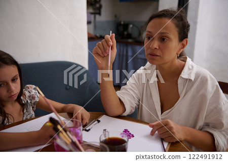 Mother and child enjoy artistic activities together at home 122491912
