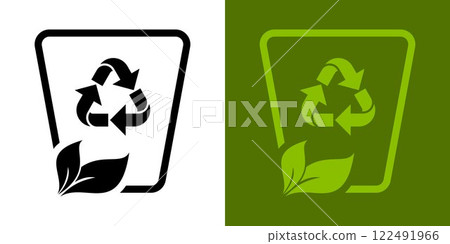 Recycling icon with arrow triangle symbol and leaves symbolising environmental awareness, recycling and environmental conservation Recycling icon with arrow triangle symbol and leaves symbolising environmental awareness, recycling and environmental conservation 122491966