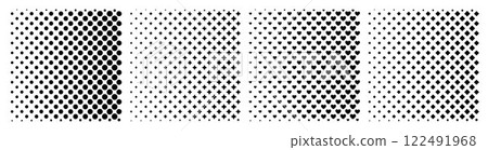 Collection of square black halftones. Halftone gradient texture of dots, hearts and rhombuses. Gradient repeating dots. Set of square halftone dot backgrounds. Collection of square black halftones. Halftone gradient texture of dots, hearts and rhombuses. Gradient repeating dots. Set of square halftone dot backgrounds. 122491968