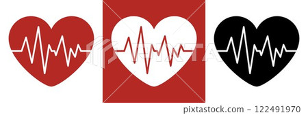 Human heart icon and encephalogram. Pulse of the heart. Red, white and black colours. Graph of heart rhythm. The line of the heartbeat. Medicine, public health. Human heart icon and encephalogram. Pulse of the heart. Red, white and black colours. Graph of heart rhythm. The line of the heartbeat. Medicine, public health. 122491970