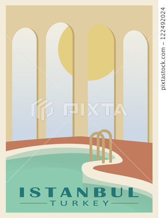 Summer touristic resort, Istanbul, Turkey illustration. Vacation travel in Europe poster. Swimming pool resort 122492024