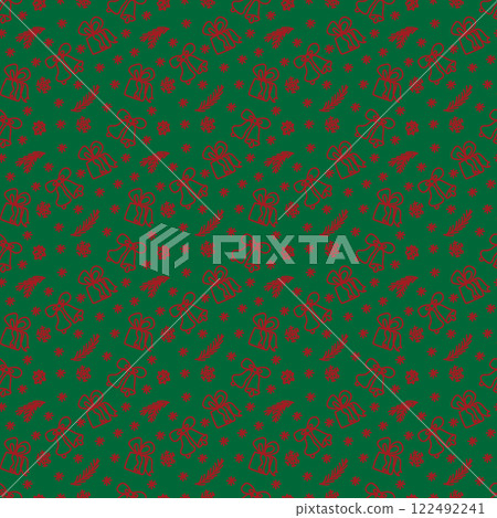 Christmas pattern in doodle style. Red line on green background. Vector illustration. 122492241