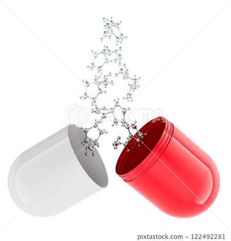 Medicament capsule with atomic structure of medicament. Research and discovery of new medicament. 3D rendering 122492281
