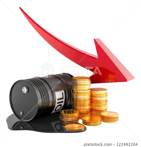 Oil barrel with golden coins and red arrow showing downtrend oil market. 3D rendering 122492284