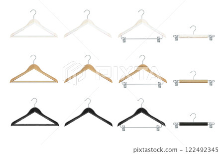 Clothes hanger isolated on white background. Wooden hanger Realistic vector clothes hanger wooden hanger closeup isolated on background. Design template, clipart or layout for graphics. Vector 122492345