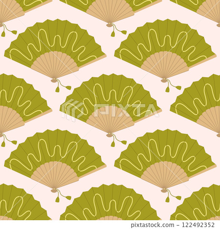 Seamless pattern with green hand fans with wavy line on white background. Asian traditional folding souvenir. Cooling accessory. Vector flat illustration for wallpaper, textile, packaging 122492352