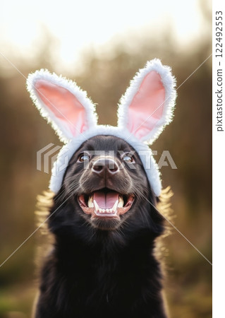 Dog enjoys playful moment wearing fluffy bunny ears in a sunlit outdoor setting, showcasing a joyful expression and lighthearted spirit during a fun day 122492553