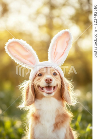 Charming dog wearing bunny ears enjoys a sunny day in a vibrant green park 122492560