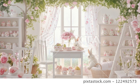 Charming white Easter themed setting with pastel decorations featuring bunnies, floral arrangements, and a cozy tea table adorned with treats 122492573