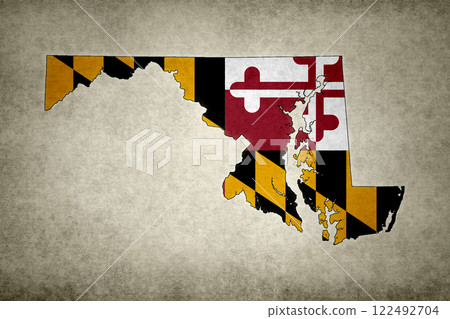 Map of the state of Maryland with its flag on a paper Map of the state of Maryland with its flag on a paper 122492704