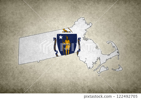 Map of the state of Massachusetts with its flag on a paper Map of the state of Massachusetts with its flag on a paper 122492705