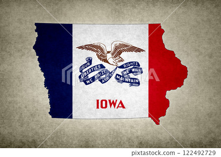 Map of Iowa with its flag on a paper Map of Iowa with its flag on a paper 122492729