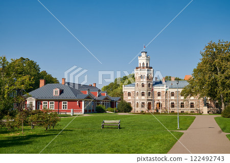 View of Latvian tourist landmark attraction - neogothic castle in Sigulda, Latvia. 122492743