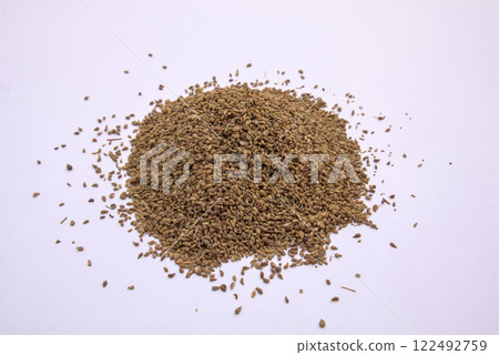 Carom Seeds, Bishop's Weed, Thymol Seeds, Ajwain, Isolated, White Background Carom Seeds, Bishop's Weed, Thymol Seeds, Ajwain, Isolated, White Background 122492759