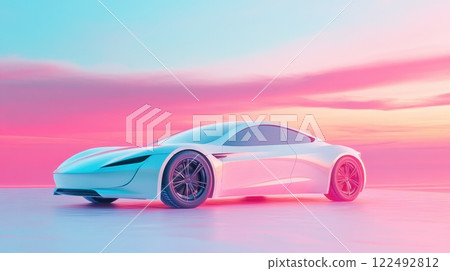A sleek electric car is showcased against a pastel sunset backdrop 122492812
