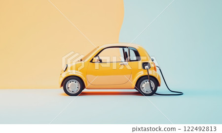 Small electric car hooks up to charger in a vibrant, sunny setting Small electric car hooks up to charger in a vibrant, sunny setting 122492813