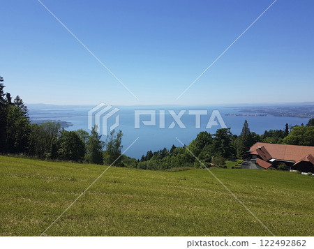 Panoramic view from Pfander mountain to lake Bodensee, Vorarlberg, Austria 122492862