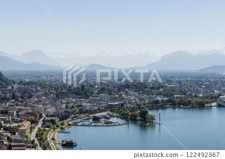 Panoramic view from Pfander mountain to lake Bodensee, Vorarlberg, Austria Panoramic view from Pfander mountain to lake Bodensee, Vorarlberg, Austria 122492867
