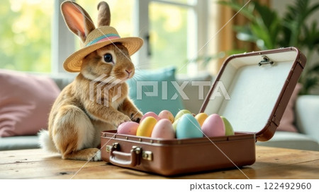 Easter bunny in straw hat hiding easter eggs in brown suitcase in bright modern living room 122492960