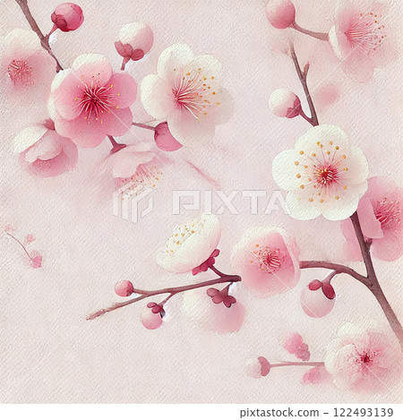 夢幻綻放的梅花與淡粉紅色的春天背景素材 122493139