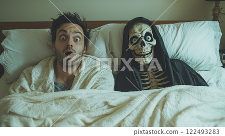 Man surprised in bed with skeleton in hoodie, shocked expression and humorous situation in bedroom at night Man surprised in bed with skeleton in hoodie, shocked expression and humorous situation in bedroom at night 122493283
