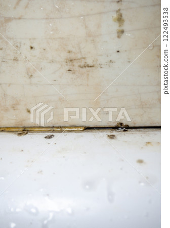 Mold in the bathroom. Black dots of mold and yellow plaque. Black mold Dirt on tiles. Requires cleaning. Before using cleaning products. Mold in the bathroom. Black dots of mold and yellow plaque. Black mold Dirt on tiles. Requires cleaning. Before using cleaning products. 122493538