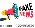Fake news symbol with megaphone and hand isolated on white background, vector 122493639