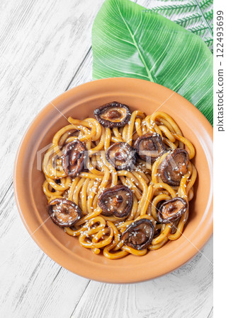 Udon Noodles with Soy Unagi Sauce, Mushrooms, and Green Onion Udon Noodles with Soy Unagi Sauce, Mushrooms, and Green Onion 122493699