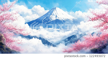 Mount Fuji, cherry blossoms, blue sky and sea of clouds. Hand-drawn watercolor painting 122493872