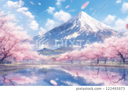 富士山、櫻花和藍天的日本春季水彩風格插圖 富士山、櫻花和藍天的日本春季水彩風格插圖 122493873