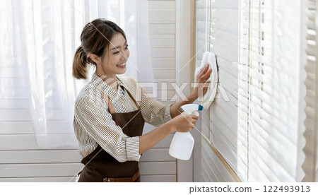 Young housecleaning woman cleaning the wall 122493913