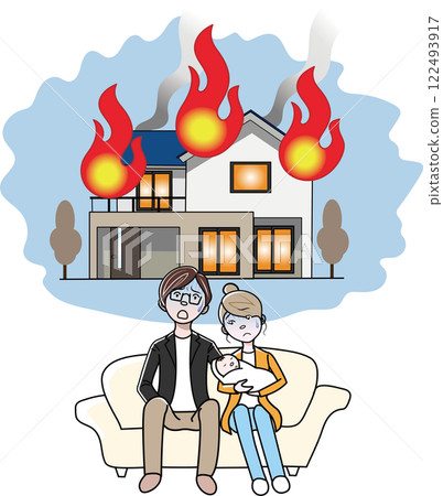Illustration of a couple worried about fire 122493917