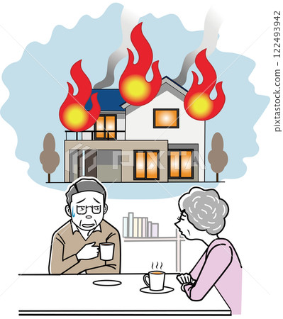 Illustration of a child and a couple worried about fire 122493942