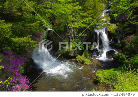 Ryuzunotaki waterfall and Mitsuba azalea in early summer in Oku-Nikko 122494079