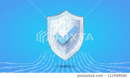 Secure technology. Polygonal wireframe shield with check mark sign isolated on blue. 122494080