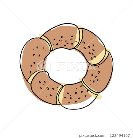 Traditional Turkish sesame-covered simit bagel design, emphasizing street food culture. Perfect for bakery, travel, or breakfast illustrations Traditional Turkish sesame-covered simit bagel design, emphasizing street food culture. Perfect for bakery, travel, or breakfast illustrations 122494107