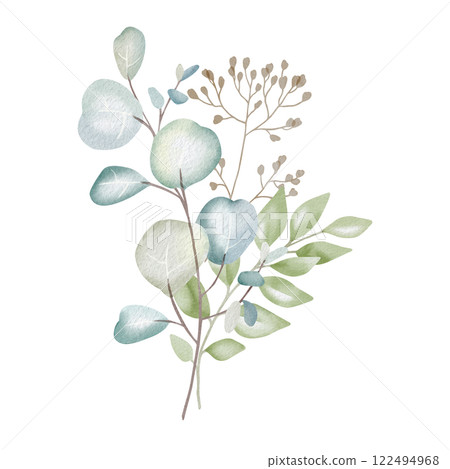 Hand-drawn watercolor illustration of elegant eucalyptus branches with lush, aromatic leaves. Perfect for wedding invitations, botanical prints, minimalist home decor, romantic greeting cards. Hand-drawn watercolor illustration of elegant eucalyptus branches with lush, aromatic leaves. Perfect for wedding invitations, botanical prints, minimalist home decor, romantic greeting cards. 122494968