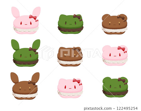Cute macaron illustration set of rabbit, cat and bear Cute macaron illustration set of rabbit, cat and bear 122495254