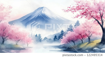Cherry blossoms and Mount Fuji, symbols of spring in Japan. Hand-drawn watercolor painting 122495314