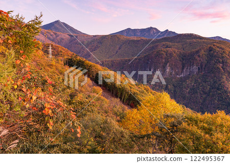 [栃木縣]紅葉之巔的日光伊呂波坂和黎明的黑上平的景色 122495367