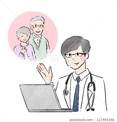 Smiling male doctor having a video call with an elderly couple Online medical consultation Senior couple 122495398