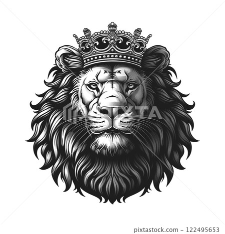 Majestic monochrome lion portrait, intricate crown, regal stare. Powerful. Animal head. 122495653
