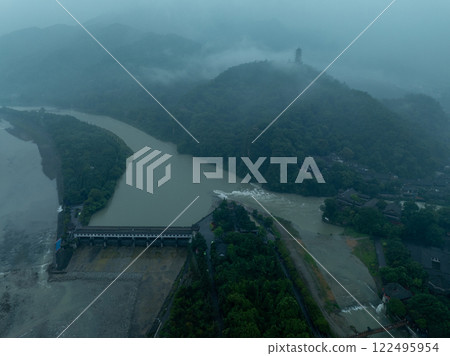 Aerial view of landscape in dujiangyan,Sichuan province,China Aerial view of landscape in dujiangyan,Sichuan province,China 122495954