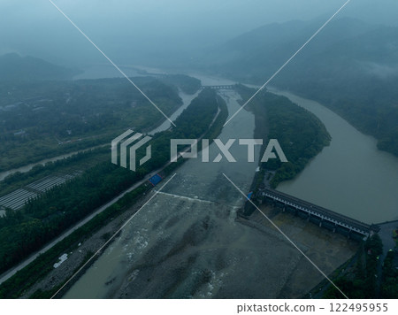 Aerial view of landscape in dujiangyan,Sichuan province,China Aerial view of landscape in dujiangyan,Sichuan province,China 122495955