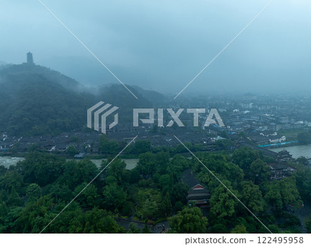 Aerial view of landscape in dujiangyan,Sichuan province,China Aerial view of landscape in dujiangyan,Sichuan province,China 122495958